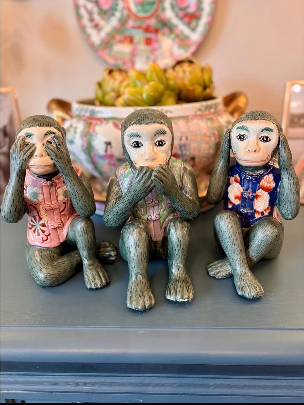 Chinoiserie Monkeys. See no evil, speak no evil, and hear no evil